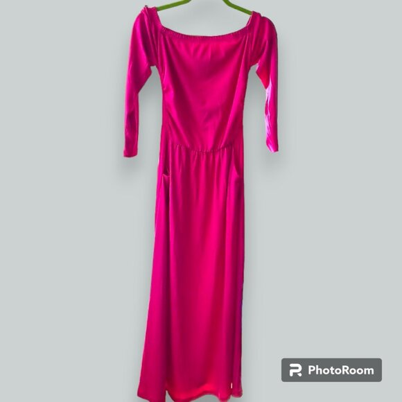 Hot Pink Off-Shoulder High-Waisted Barbie Maxi Dress w/ Pockets Womens Medium - Picture 1 of 5